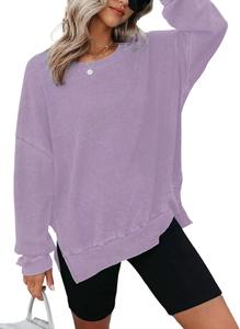 Confortable femmes surdimensionné gaufré tricot col rond sweats à manches longues fentes latérales pull décontracté sweat hauts - Product Image 4