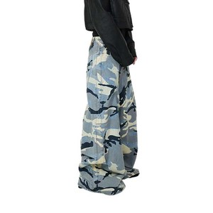 กางเกงยีนส์สีน้ำเงินลายพรางแฟชั่นขนาดใหญ่เสื้อผ้านกลายพรางสตรีทแวร์ลายพรางพร้อมกระเป๋าขากว้าง - Product Image 3