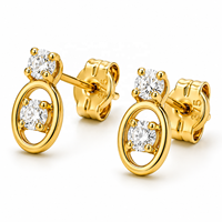 Pendientes de Oro Sólido de 14k con Circonita Redonda Doble y Diseño Ovalado Abierto para Mujer, Joyería Fina, Venta al por Mayor OEM ODM