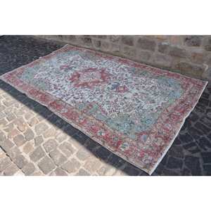 Alfombra turca Vintage de 5,4x9,3 pies, rojo, verde, Patchwork, tejido plano, área grande, Alfombra de lana para decoración de sala de estar, látex - Product Image 2