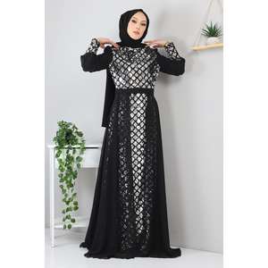 Vestido de Noche de Chifón Satinado Plateado - MSW9819, Vestido de Gala con Detalles en Crochet, Silueta de Cola de Pez, Corte en A, Largo Maxi, con Flores Disponibles, Talla XL - Product Image 3