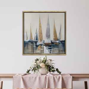 Veleros Modernos en Dorado y Plateado: Impresión en Lienzo para Pared, Lienzo con Marco Dorado - Product Image 1