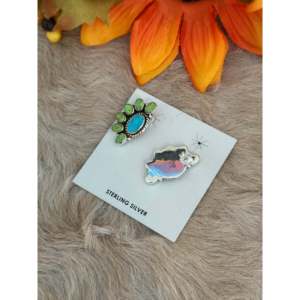 Southwest Handmade Multi Stone <b>Sterling</b> <b>Silver</b> Flower <b>Stud</b> <b>Earrings</b> - Product Image 5