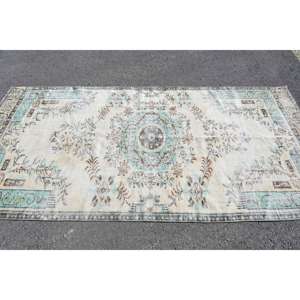 Tapis vintage, grand tapis turc de 4,4 x 9,2 pieds, tapis beige bleu à motifs floraux - Product Image 2