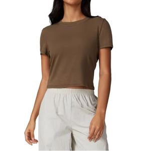 Vendeur chaud hauts courts pour les femmes coton comprimé haut col rond serré plaine t-shirt vierge pour les femmes personnalisées hauts courts - Product Image 2