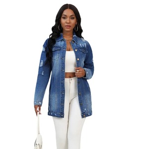 Qualité supérieure 100% coton en détresse femme veste personnaliser conception longue veste en jean nouveau décontracté en détresse veste en jean - Product Image 5