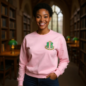 Crest Crewneck <b>Sweatshirt</b> Light <b>Pink</b> Green Embroidered Pullover Custom Greek Sorority Apparel - Product Image 6