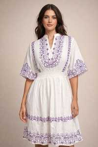 <b>Women</b> White Boho Maxi <b>Dress</b> <b>Purple</b> Embroidery V Neck Loose Waist Sweet Solid 100% Cotton - Product Image 2
