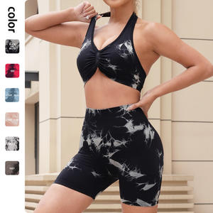 Conjunto de traje de Yoga T de verano sin costuras para mujer, Sujetador deportivo Sexy con cuello colgante en la espalda con cintura alta, conjunto de pantalones cortos de levantamiento de cadera - Product Image 6