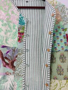 Veste matelassée en coton faite à la main pour femmes, style indien boho, rayure, passepoil, bouton ouvert sur le devant, tenue décontractée, manteaux longs et courts - Product Image 4