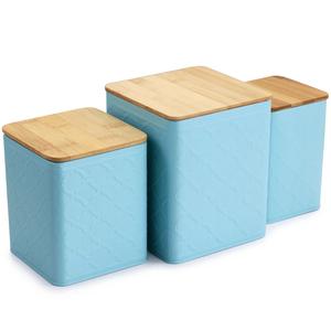 Boîte en métal à motifs bleu ciel en gros avec couvercle en bois - Product Image 3