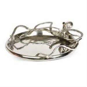 Top Quality Aluminum Casted Silver Color Shiny Polished Round Shape Serving <b>Tray</b> <b>With</b> Octopus Designer Base Stand From India - Product Image 4