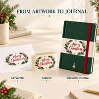 Carnet de Noël personnalisé LABON, couverture rigide en tissu vert, bande de reliure CMYK, fermeture élastique rouge, boîte cadeau de Noël avec dorure à chaud
