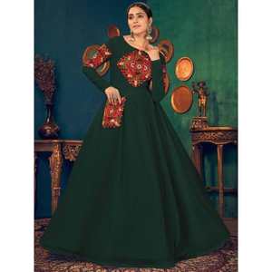 Tremendous Green <b>Mirror</b> and Pearl Work Georgette Evening Dress Festive Wear Gown - Product Image 2