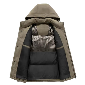 Veste d'hiver matelassée pour homme de haute qualité OEM ODM, devant en toile, imperméable, coupe-vent, col à capuche, teinture unie, prix de gros - Product Image 4