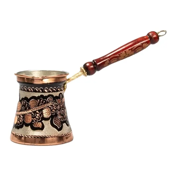 Cafetera de diseño de grabado de cobre y metal con asa, vajilla de fabricación turca, ollas para servir café