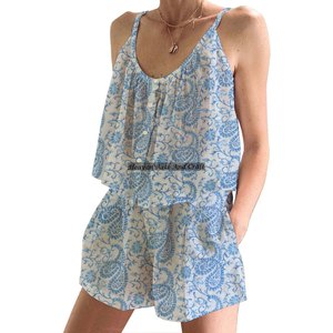Conjunto de Pijama Corto con Mangas con Volantes Estilo Boho Hippie para Mujer, Algodón Indio, Primavera/Verano, Floral, Ajustado, con Tirantes, Sin Mangas - Product Image 6