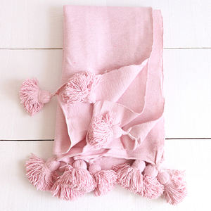 Manta con pompón marroquí de algodón 100% de diseño tradicional, ropa de cama Bohemia tejida a mano para cama o sofá, estilo liso a un precio - Product Image 6