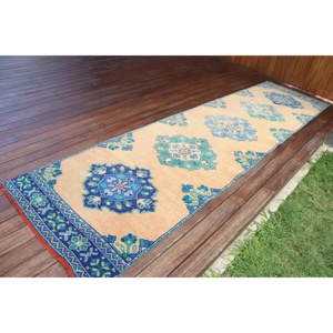 Alfombra de 2.9x11.3 pies, Alfombra Turca Vintage, Alfombra de Lana Azul Abstracta - Product Image 2