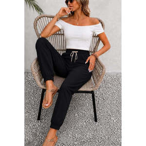 Women'<b>s</b> Short-Sleeved Madonna Collar Viscose Crop <b>Blouse</b> with Pockets <b>and</b> Two-Thread Tracksuit Set, 37799 - Black - Product Image 2