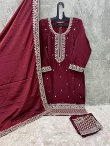 El último diseñador de ropa de fiesta, traje bordado de Chinon puro, ropa tradicional india, bordado de Chinon, parte superior e inferior con Dupatta - Product Image 4