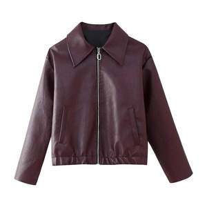 Nouveau style de vêtements pour femmes d'automne design de mode français veste en cuir à col carré de couleur unie - Product Image 1