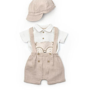Salopette en mousseline de coton bio 3 pièces Salopette et Polo T- Shirt avec chapeau Ensemble Salopette en mousseline pour bébé garçon Léger Romper d'été - Product Image 1