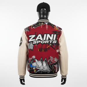 Premium 450GSM Wool Varsity <b>Jacket</b> <b>Red</b> Body Beige Sleeves Graffiti Style Embroidery Applique Custom Logo Varsity <b>Jacket</b> for Men - Product Image 3