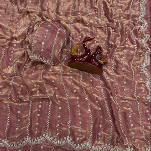 Sari Rosa de Seda Espacial para Bodas, Fiestas y Festivales Diwali, Último Modelo Tradicional Exclusivo con Blusa Elegante de Diseño Étnico para Mujer India - Product Image 1