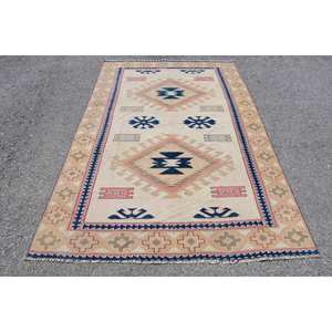 Alfombra clásica Beige Black Kilim 5,1X7,5 pies Tejido plano de lana hecho a mano con diseño Jacquard Estilo de retazos para pasillo Rectángulo - Product Image 1