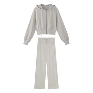 Conjunto de Dos Piezas para Mujer, Sudadera con Capucha, Pantalones Anchos por Encima de la Rodilla, con Bolsillos con Cremallera y Encaje, Estilo Deportivo Casual para Otoño - Product Image 1