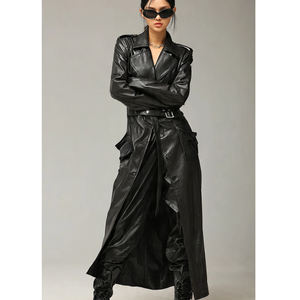 เสื้อโค้ทหนังยาวทรงหลวมสำหรับผู้หญิงเสื้อคลุมยาวหนังแฟชั่นสไตล์สตรีทเสื้อโค้ทตัวยาวสำหรับผู้ใหญ่ผู้หญิงหนังสีดำเงาวาว - Product Image 2