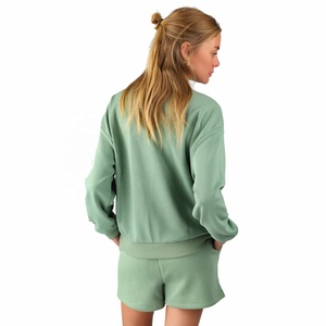 เซ็ต2ชิ้นเสื้อสเวตเตอร์คอกลมและกางเกงขาสั้นผ้าฝ้ายแบบลำลองสำหรับผู้หญิงชุดสวมใส่สบาย - Product Image 4