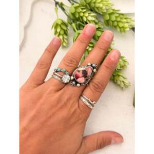 Johnny Dixon <b>Adjustable</b> <b>Ring</b> Elegant Rose Dahlia & Sterling Silver Cluster Bezel Setting Inlay for Gift - Product Image 2