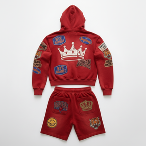 Conjunto de Sudadera con Capucha y Pantalones Cortos para Hombre, Rojo Vintage, Lavado, Transpirable, de Invierno, con Parches y Cremallera, Algodón Grueso, Estilo Urbano, OEM, Marca Privada - Product Image 2