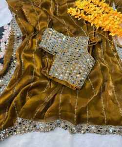 BOLLYWOOD COTON SÉQUENCE RÉEL MIROIR BORDER WORK SAREE avec CHEMISIER COUDU PRIX DE GROS VÊTEMENT ETHNIQUE pour FESTIVAL DE MARIAGE - Product Image 3