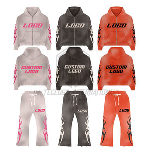 ซื้อจ็อกเกอร์ผ้าฝ้ายโพลีเอสเตอร์สำหรับผู้ชายชุดวอร์ม2ชิ้นแบบมีฮู้ดแบบมีซิปและกางเกงทรงบานปรับแต่งได้ชุดวอร์มสำหรับผู้ชาย - Product Image 2