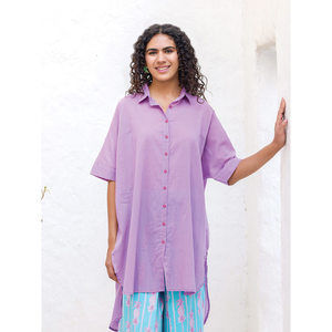 เสื้อเชิ้ตผ้าฝ้ายโมกราทรงโอเวอร์ไซส์ลำลองสีพื้นคอปกพับได้ - Product Image 4