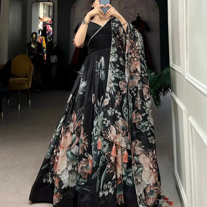 El último vestido Anarkali de trabajo con estampado floral de seda Tusar de diseñador de FabZone - Product Image 1