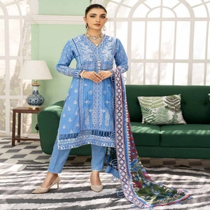 Trajes de 3 piezas de tela Chikan Kari bordada de alta calidad, cintura natural, tejido transpirable, para uso diario, fiestas y ocasiones informales, Riaz Arts - Product Image 2