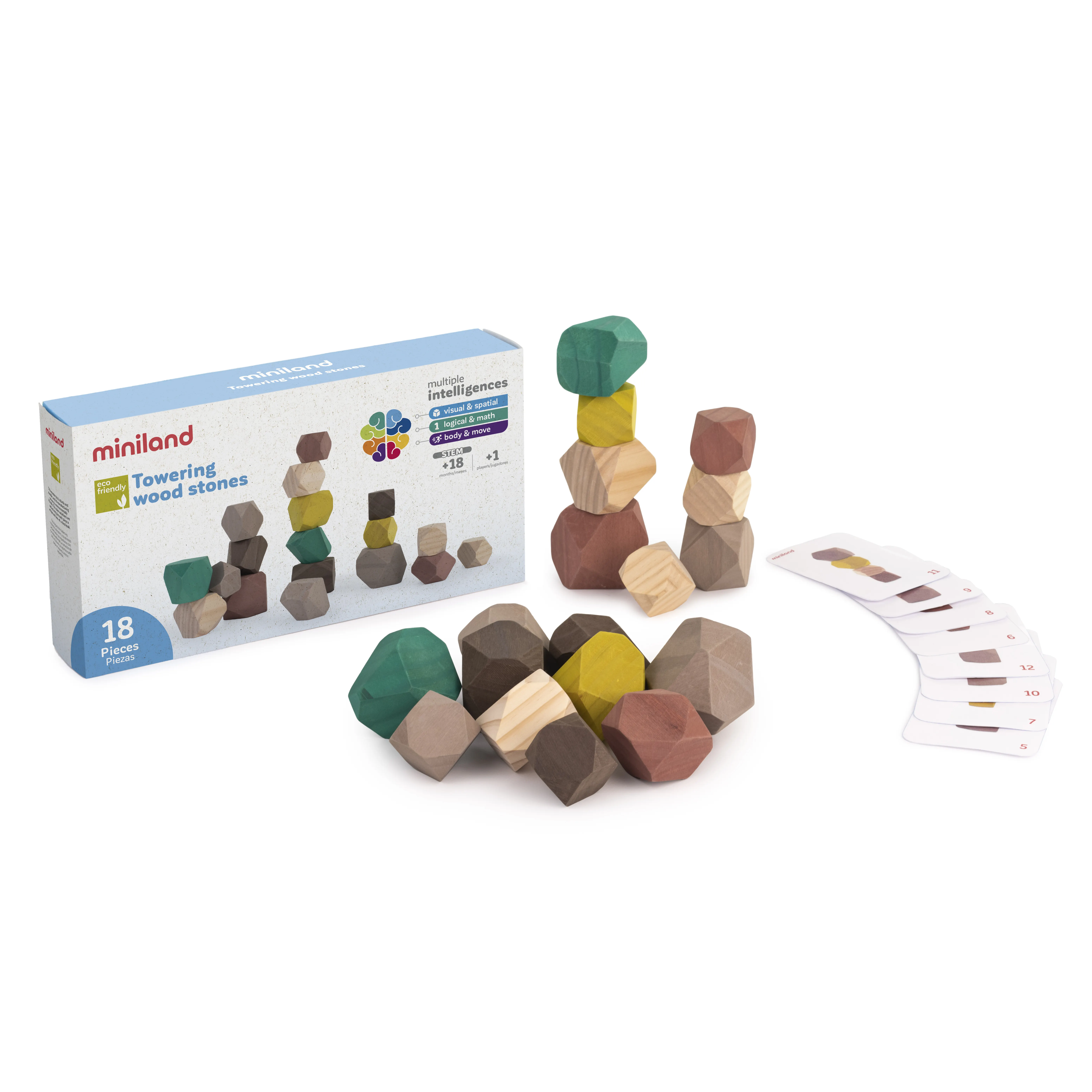 Miniland Towering wood stones (18 pcs) 5,5 cm Spanish high quality toy for child's coordination skills development