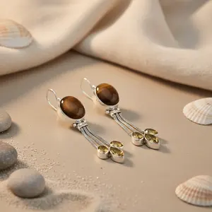 Pendientes de Plata 925 con Ojo de Tigre y Citrino para Mujer, Accesorios de Moda - Product Image 3