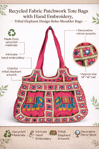 Ethnic Patchwork 100% Cotton Tote Bag with <b>Mirror</b> Work and Hand Embroidered Elephant Motifs Conifer Brand Daily Use - Product Image 6