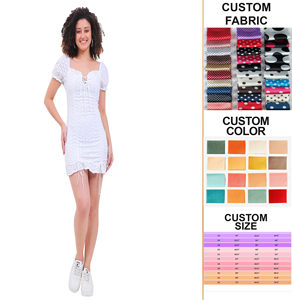 Schiffli เดรสมินิเดรสแขนพองสั้นผูกด้านหน้าคอรูปหัวใจสีขาวลำลอง - Product Image 1