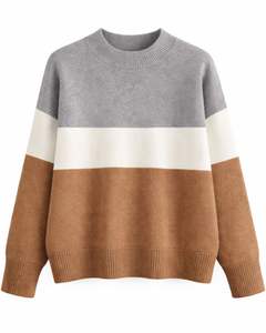 Conjunto de Dos Piezas de Ropa Casual de Invierno para Mujer, Suéter de Punto Colorblock Gris, Blanco y Marrón Personalizado y Pantalones Anchos Marrones - Product Image 1