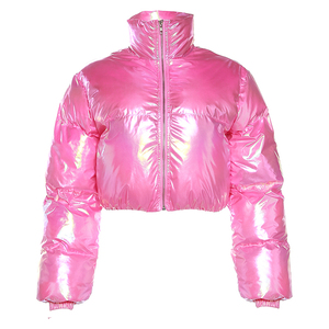 OEM logotipo personalizado de la moda de las mujeres de invierno chaqueta de bombardero personalizado puffer cuello alto chaquetas brillantes con cremallera abrigos de las mujeres - Product Image 1