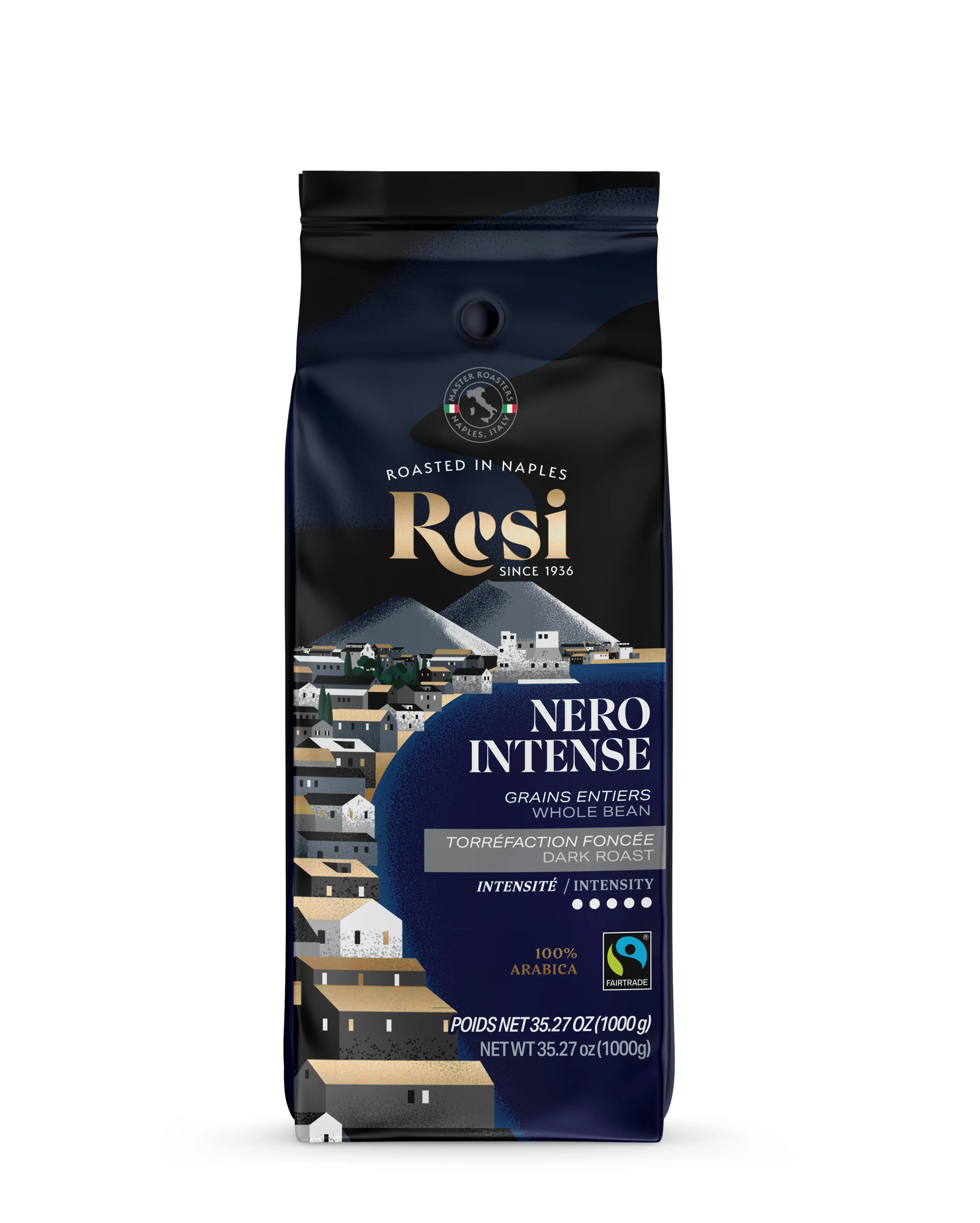 Café napolitain de haute qualité 1Kg en grains entiers 100% Arabica Torréfaction foncée Nero Intense pour les hôtels et les centres de villégiature