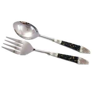 Ensembles de serveurs à salade avec poignée incrustée en résine décorée Vaisselle en acier inoxydable Ensemble de serveurs à salade élégants Accessoires de cuisine - Product Image 1