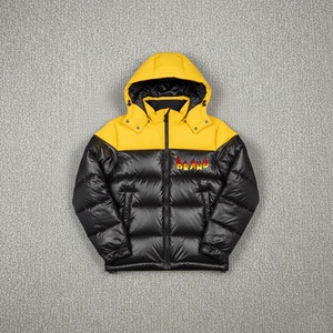 Men's Canvas Puffer <b>Jacket</b> Yellow Black Color Block Two-Tone Padded Quilted Stand Collar Front Logo <b>Hooded</b> Winter - Product Image 1