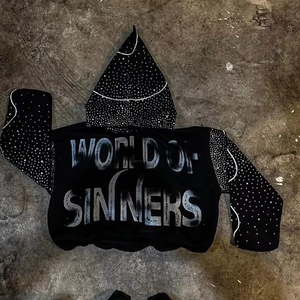 500 GSM Boxy Fit <b>Cropped</b> French Terry Black Drop Shoulder Full <b>Zip</b> up Screen Print Letter Crystal Rhinestone Heavyweight <b>Hoodie</b> - Product Image 5